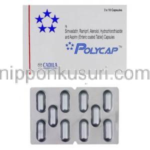 ポリキャップ Polycap, アテノロール50mg / チアジド12.5mg / ラミプリル5mg / シンバスタチン20mg / アスピリ